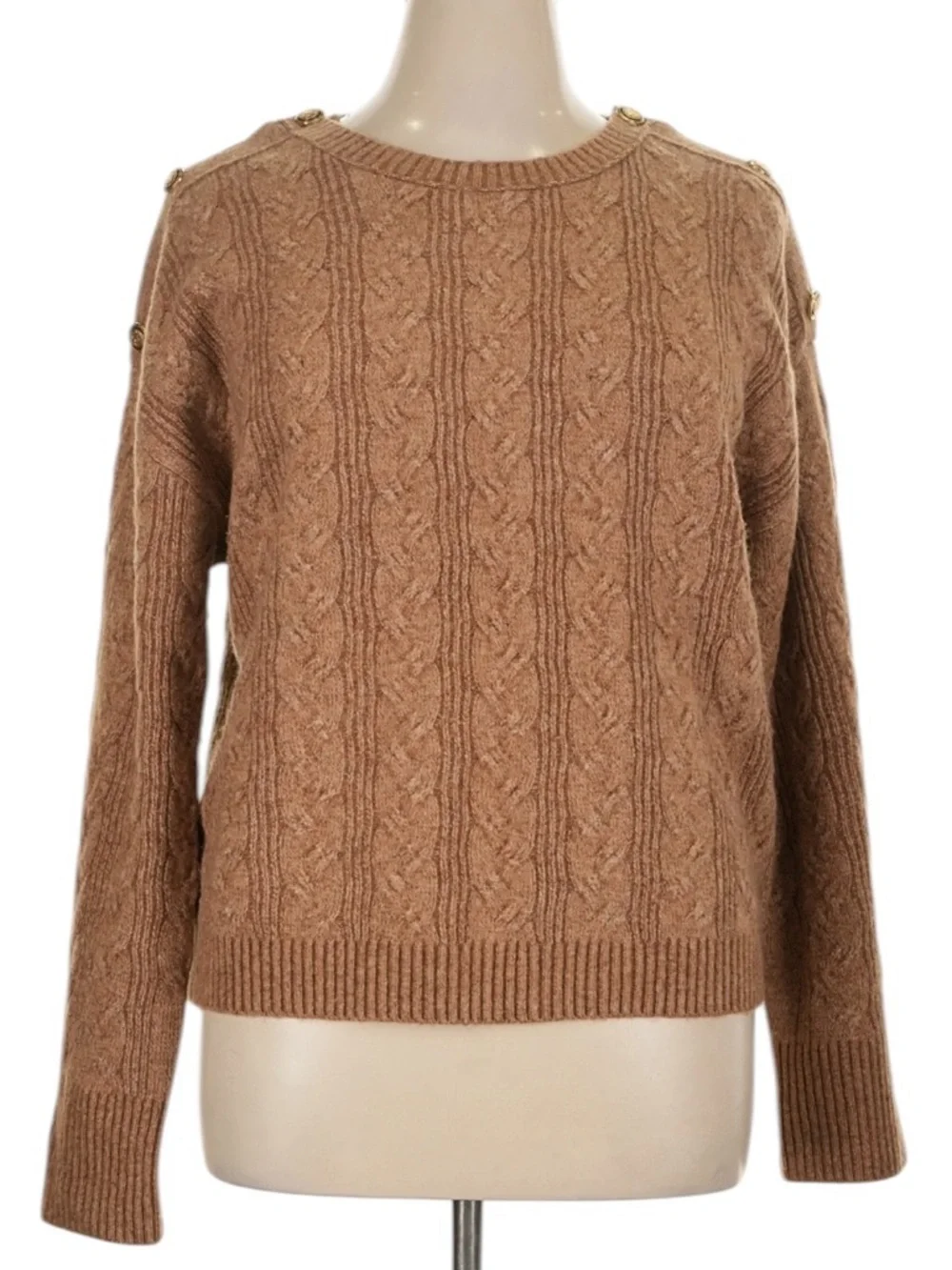 J. Crew Cable Knit Sweater with Buttons in Supersoft Yarn XL Camel Wool Blend